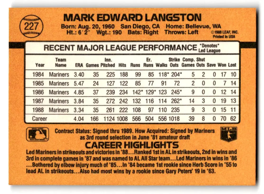 1989 Donruss #227 Mark Langston - Baseball Card Single