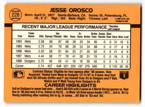 1989 Donruss #228 Jesse Orosco Los Angeles Dodgers Baseball Cards EX ID:56233 - Baseball Card Single