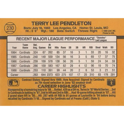 1989 Donruss #230 Terry Pendleton NM-MT St. Louis Cardinals Baseball Card