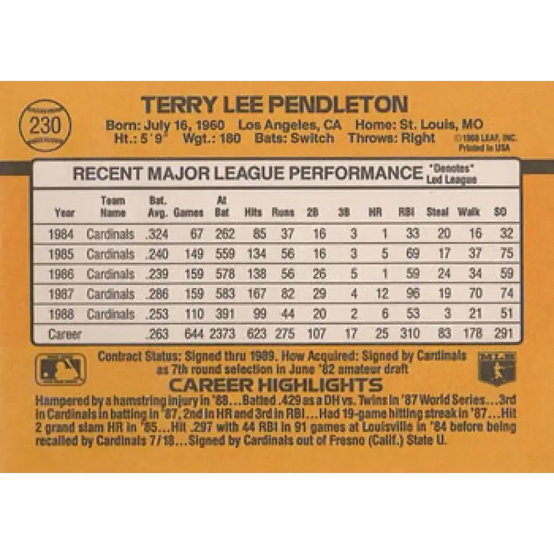 1989 Donruss #230 Terry Pendleton NM-MT St. Louis Cardinals Baseball Card - Baseball Card Single