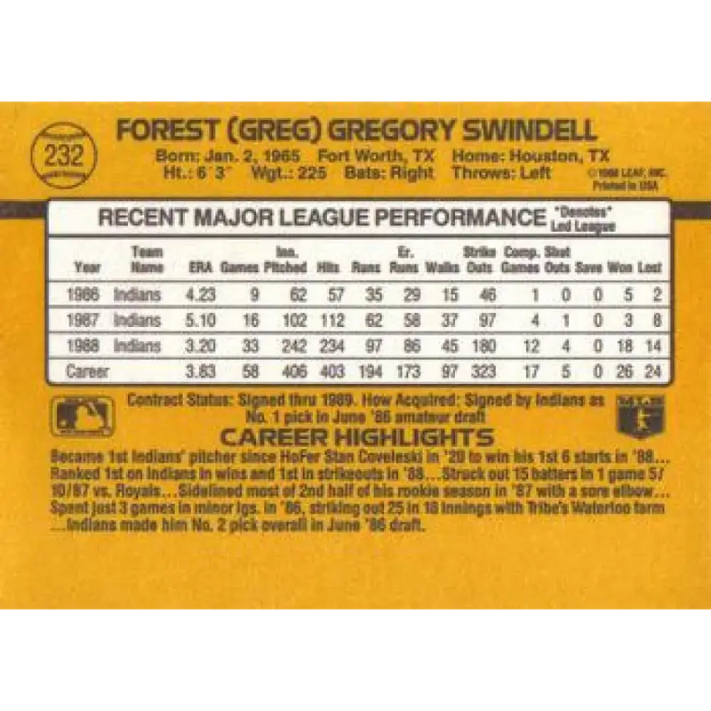 1989 Donruss #232 Greg Swindell NM-MT Cleveland Indians Baseball Card - Baseball Card Single