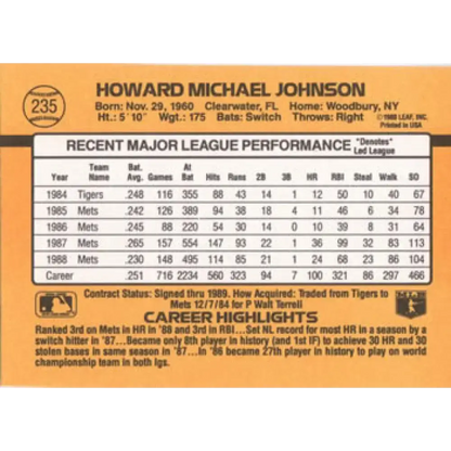 1989 Donruss #235 Howard Johnson NM-MT New York Mets Baseball Card