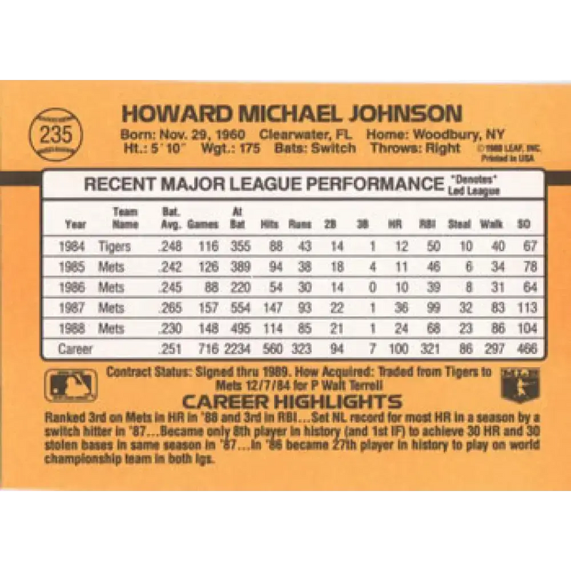 1989 Donruss #235 Howard Johnson NM-MT New York Mets Baseball Card - Baseball Card Single