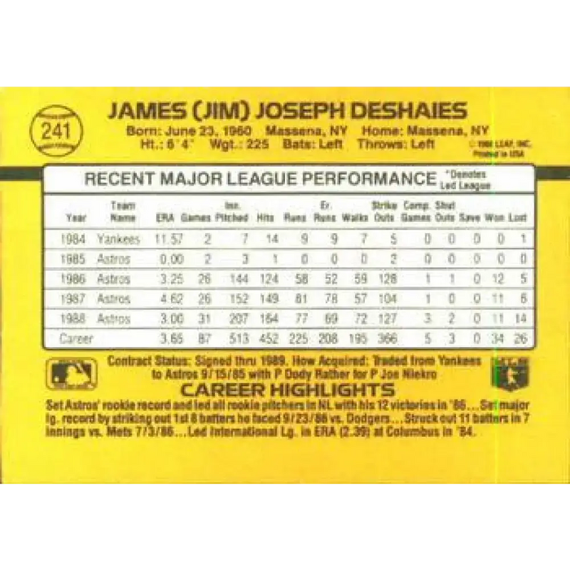 1989 Donruss #241 Jim Deshaies NM-MT Houston Astros Baseball Card - Baseball Card Single