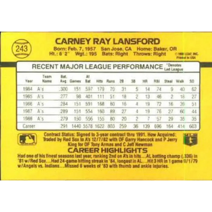 1989 Donruss #243 Carney Lansford NM-MT Oakland Athletics Baseball Card