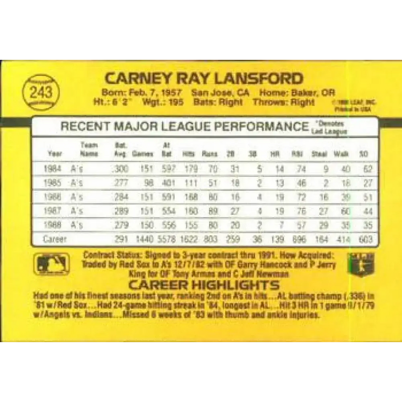 1989 Donruss #243 Carney Lansford NM-MT Oakland Athletics Baseball Card - Baseball Card Single