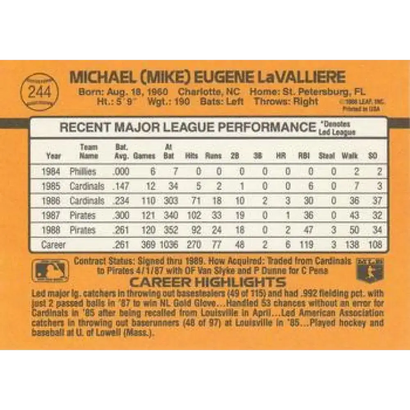 1989 Donruss #244 Mike LaValliere NM-MT Pittsburgh Pirates Baseball Card - Baseball Card Single