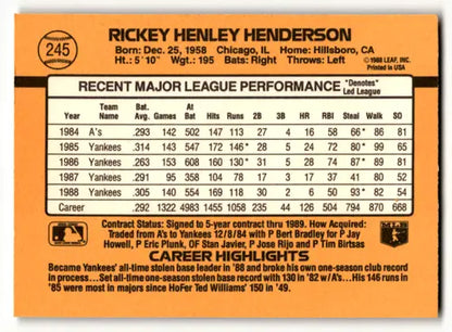 1989 Donruss #245 Rickey Henderson NM Near Mint Yankees ID:63925 - Trading Cards