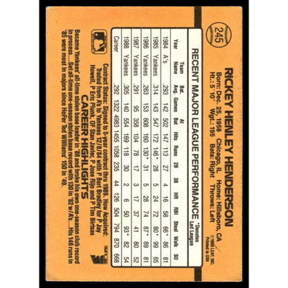 1989 Donruss #245 Rickey Henderson VG/EX New York Yankees Baseball Card