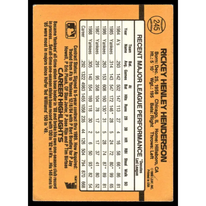1989 Donruss #245 Rickey Henderson VG/EX New York Yankees Baseball Card - Baseball Card Single