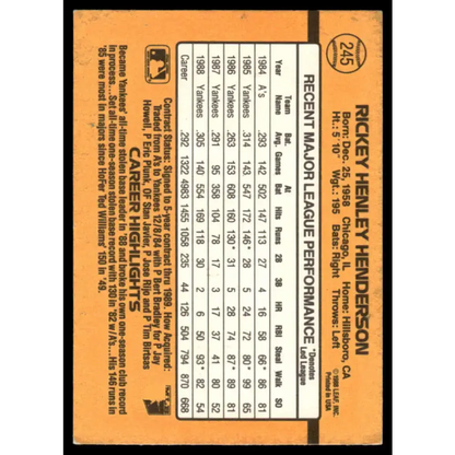 1989 Donruss #245 Rickey Henderson VG/EX New York Yankees Baseball Card