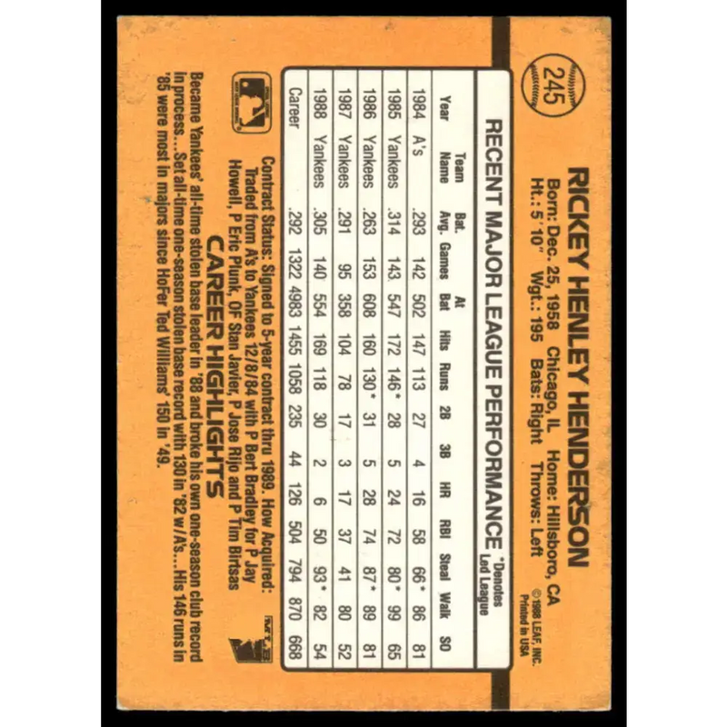 1989 Donruss #245 Rickey Henderson VG/EX New York Yankees Baseball Card - Baseball Card Single
