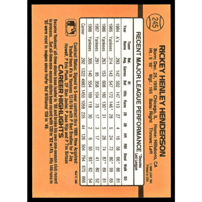 1989 Donruss #245 Rickey Henderson VG/EX New York Yankees Baseball Card