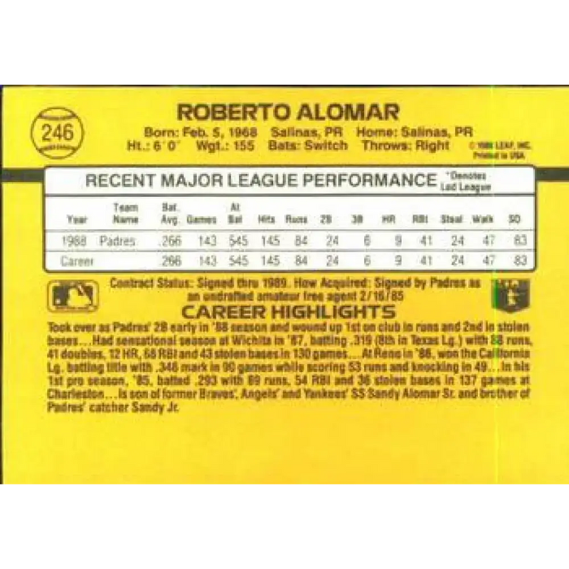 1989 Donruss #246 Roberto Alomar NM-MT San Diego Padres Baseball Card - Baseball Card Single
