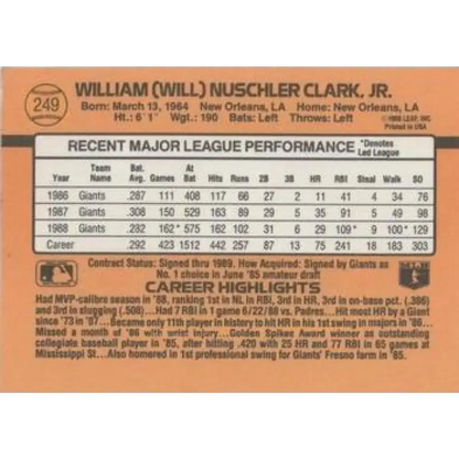 1989 Donruss #249 Will Clark NM-MT San Francisco Giants Baseball Card