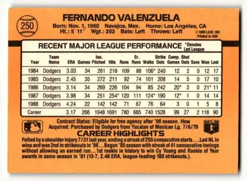 1989 Donruss #250 Fernando Valenzuela Los Angeles Dodgers Baseball C ID:56248 - Baseball Card Single