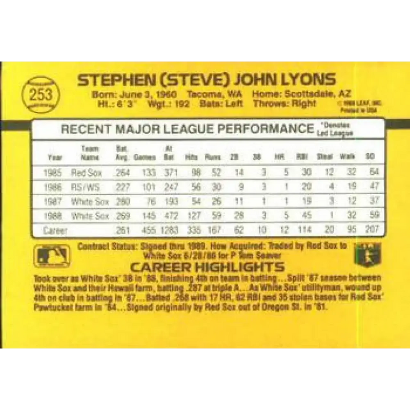 1989 Donruss #253 Steve Lyons NM-MT Chicago White Sox Baseball Card - Baseball Card Single