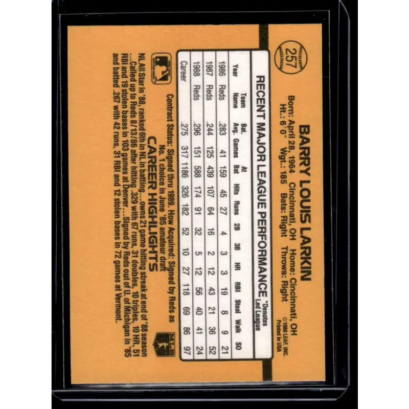 1989 Donruss #257 Barry Larkin Cincinnati Reds NM-MT Baseball Card - Baseball Card Single