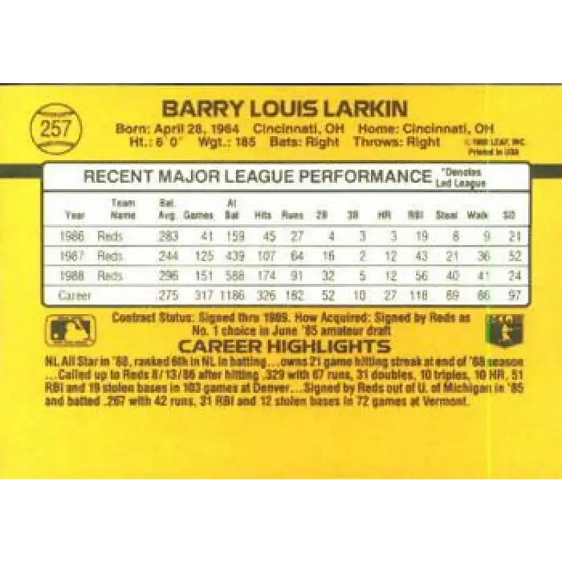 1989 Donruss #257 Barry Larkin EX Excellent Cincinnati Reds Baseball Card - Baseball Card Single