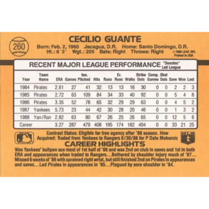1989 Donruss #260 Cecilio Guante NM-MT Texas Rangers Baseball Card