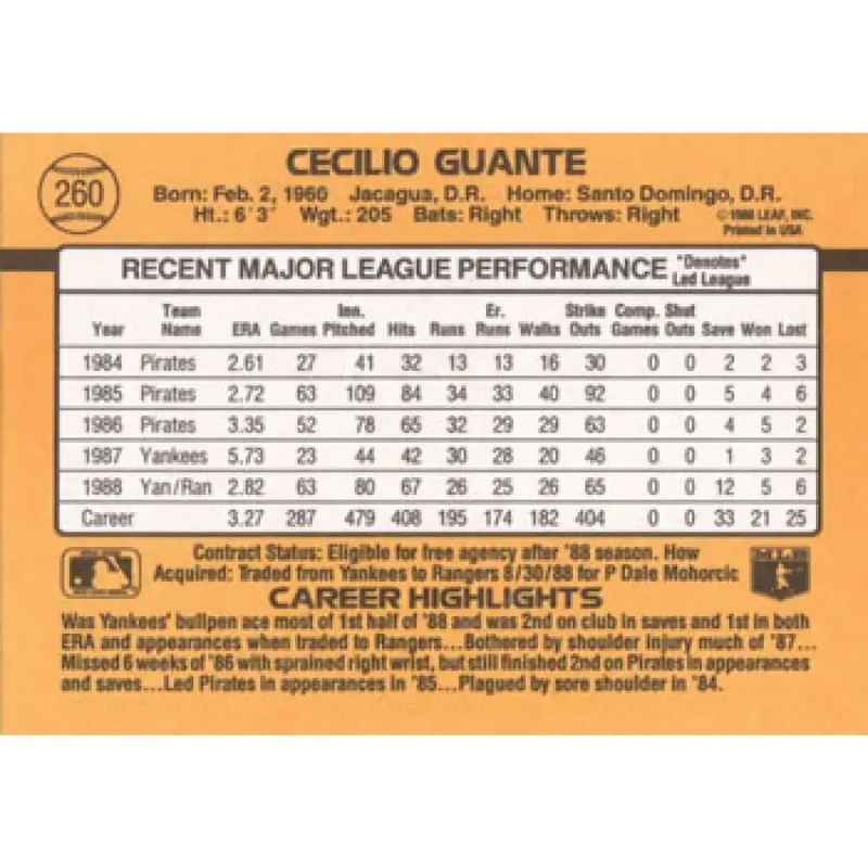 1989 Donruss #260 Cecilio Guante NM-MT Texas Rangers Baseball Card - Baseball Card Single