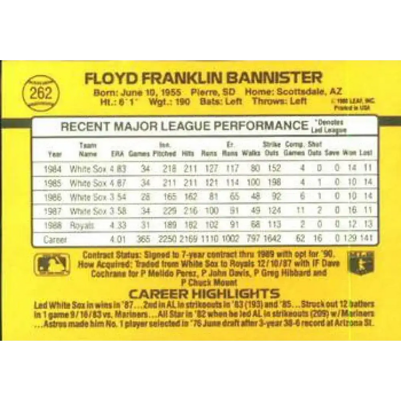 1989 Donruss #262 Floyd Bannister NM-MT Kansas City Royals Baseball Card - Baseball Card Single