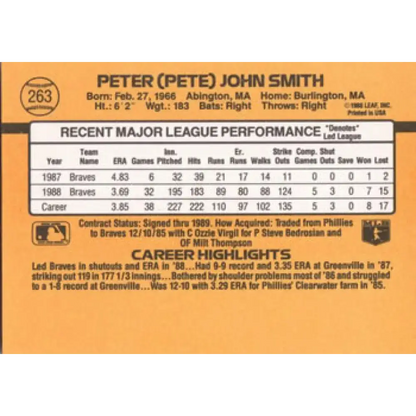 1989 Donruss #263 Pete Smith NM-MT Atlanta Braves Baseball Card