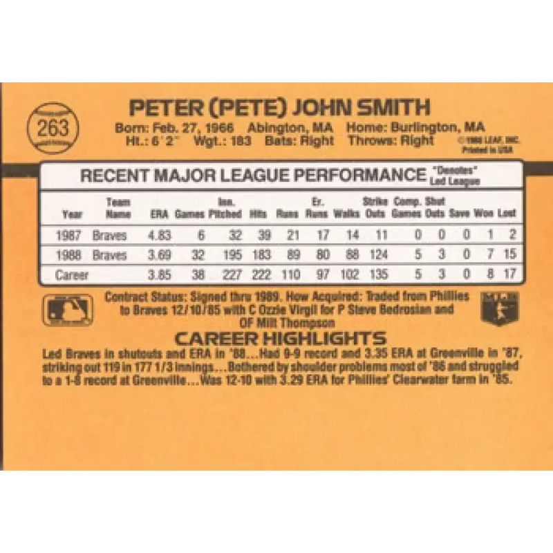 1989 Donruss #263 Pete Smith NM-MT Atlanta Braves Baseball Card - Baseball Card Single