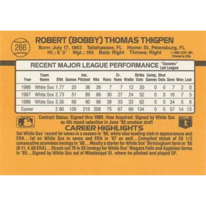 1989 Donruss #266 Bobby Thigpen NM-MT Chicago White Sox Baseball Card - Baseball Card Single