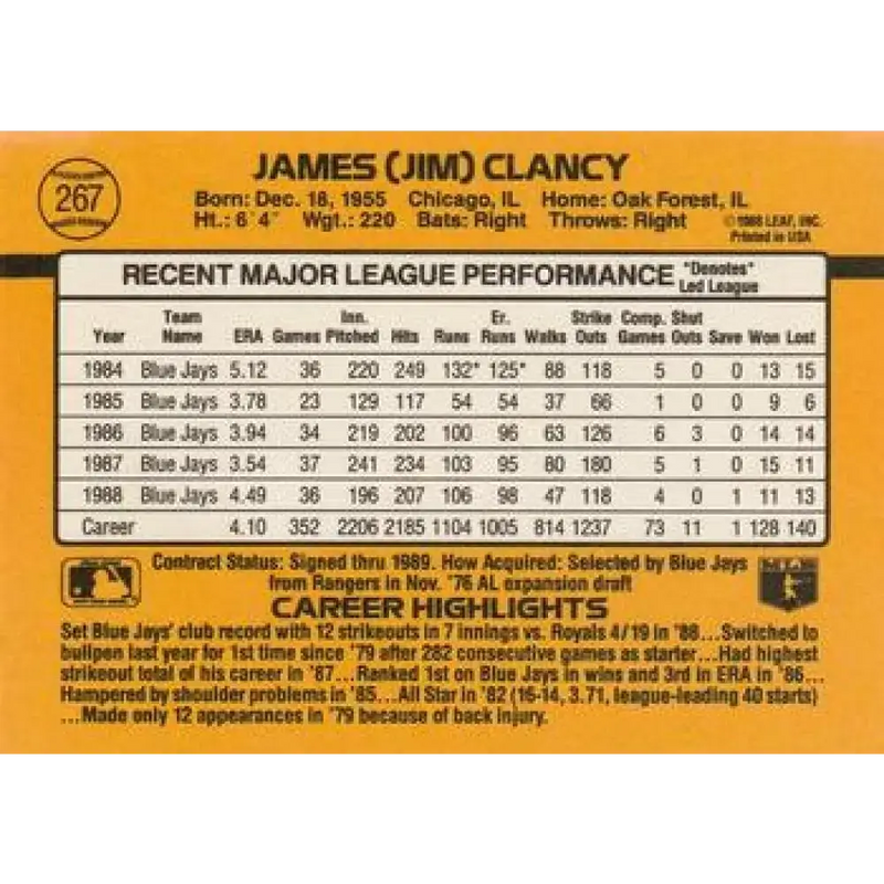 1989 Donruss #267 Jim Clancy NM-MT Toronto Blue Jays Baseball Card - Baseball Card Single