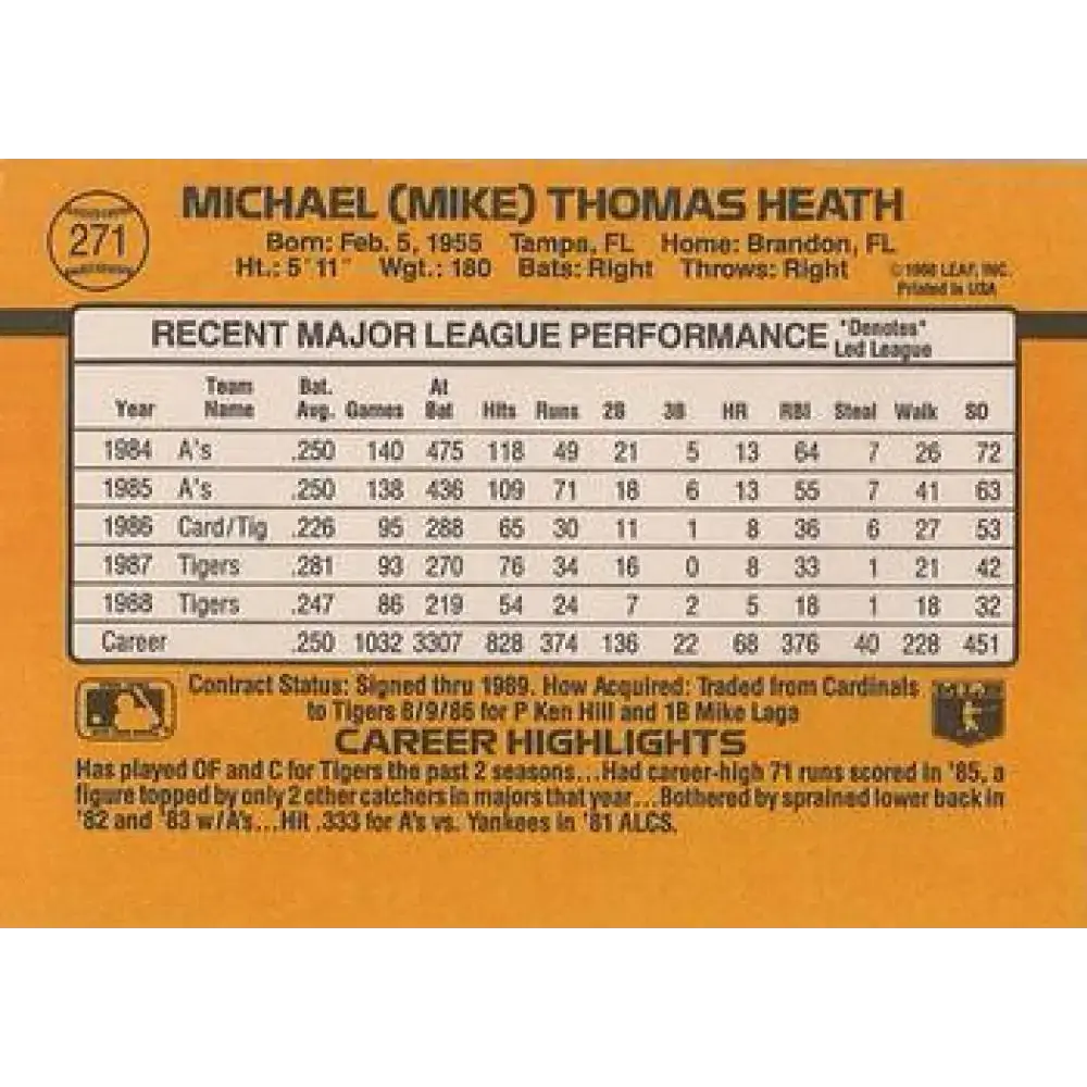 1989 Donruss #271 Mike Heath NM-MT Detroit Tigers Baseball Card - Baseball Card Single