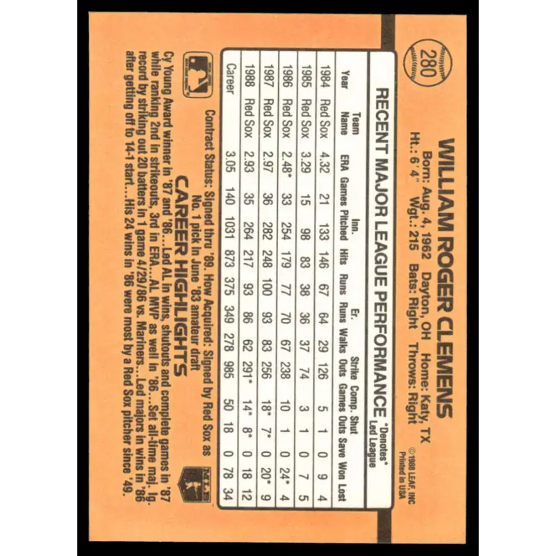 1989 Donruss #280 Roger Clemens EX/NM Boston Red Sox Baseball Card - Baseball Card Single