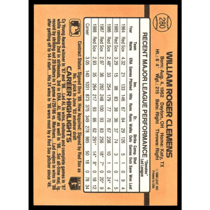 1989 Donruss #280 Roger Clemens EX/NM Boston Red Sox Baseball Card