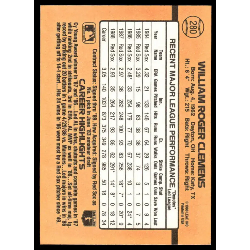 1989 Donruss #280 Roger Clemens EX/NM Boston Red Sox Baseball Card - Baseball Card Single
