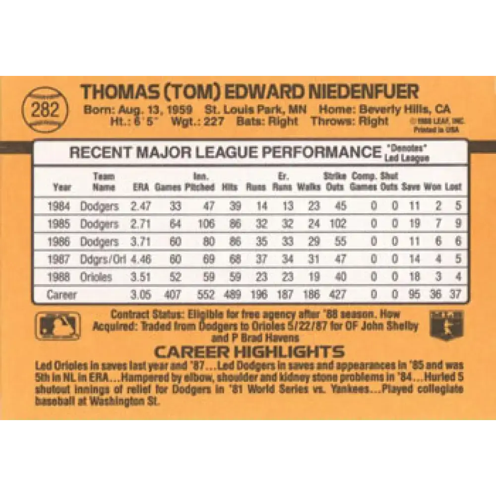 1989 Donruss #282 Tom Niedenfuer NM-MT Baltimore Orioles Baseball Card - Baseball Card Single