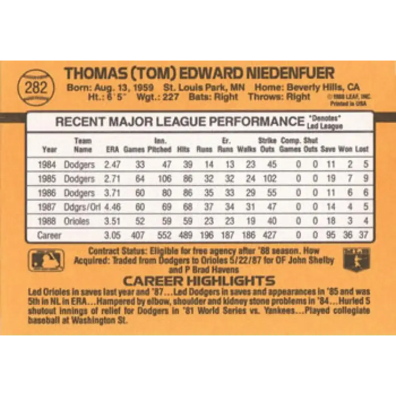 1989 Donruss #282 Tom Niedenfuer NM-MT Baltimore Orioles Baseball Card - Baseball Card Single