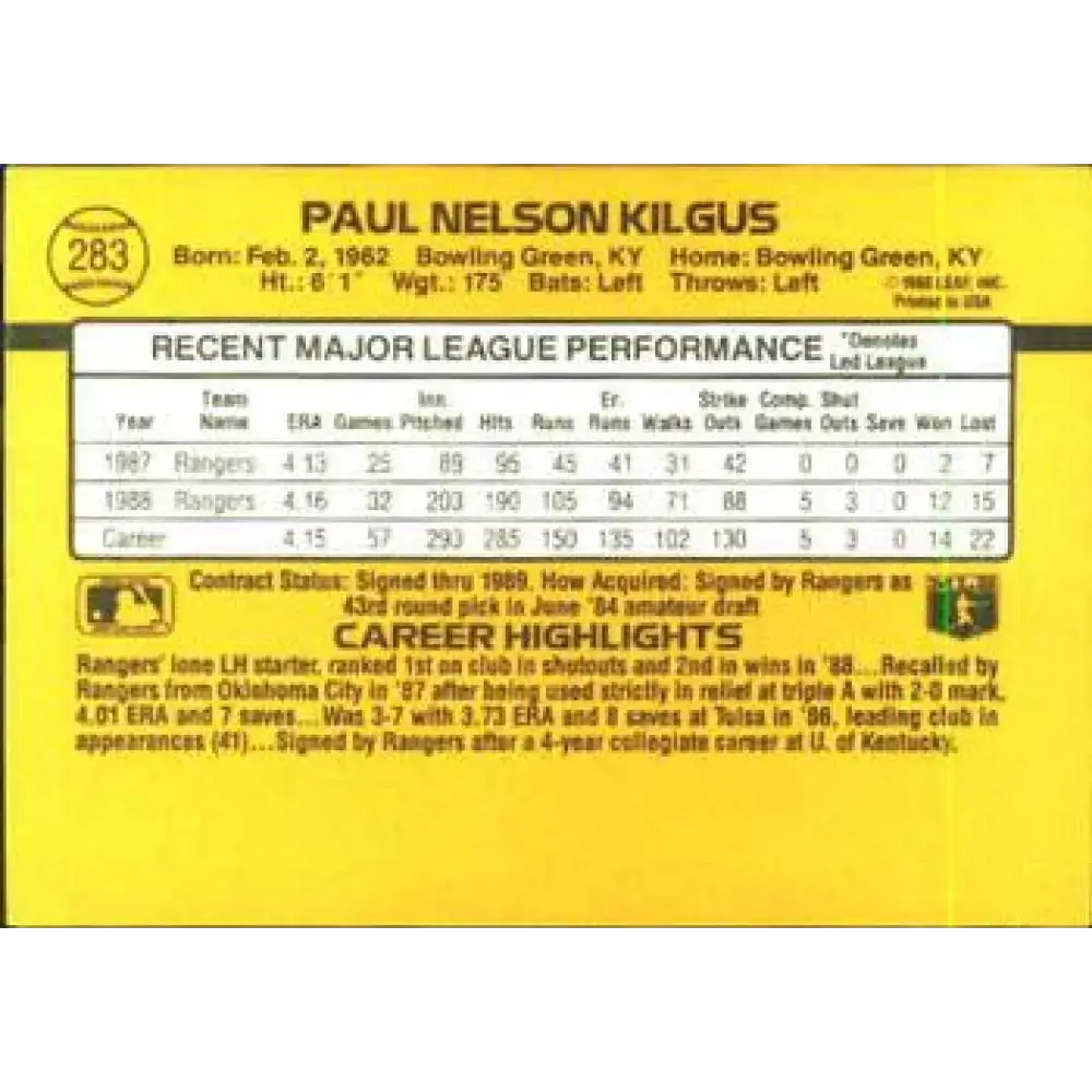 1989 Donruss #283 Paul Kilgus NM-MT Texas Rangers Baseball Card - Baseball Card Single