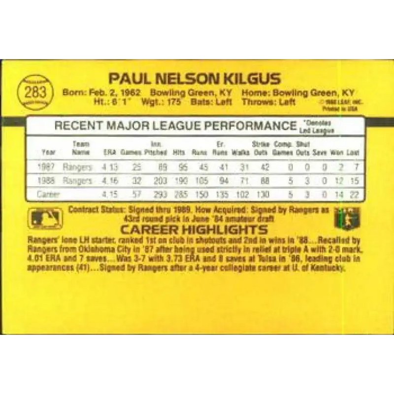 1989 Donruss #283 Paul Kilgus NM-MT Texas Rangers Baseball Card - Baseball Card Single