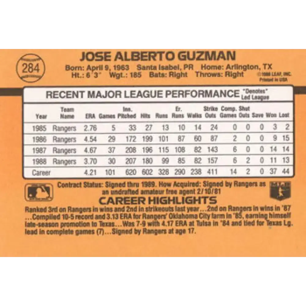1989 Donruss #284 Jose Guzman NM-MT Texas Rangers Baseball Card - Baseball Card Single