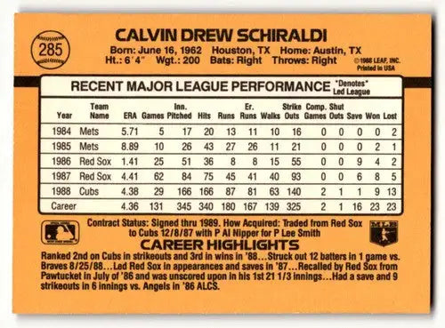 Back of 1989 Donruss Calvin Schiraldi Chicago Cubs baseball card showing stats and details