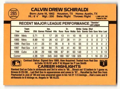 Back of 1989 Donruss Calvin Schiraldi Chicago Cubs baseball card showing stats and details