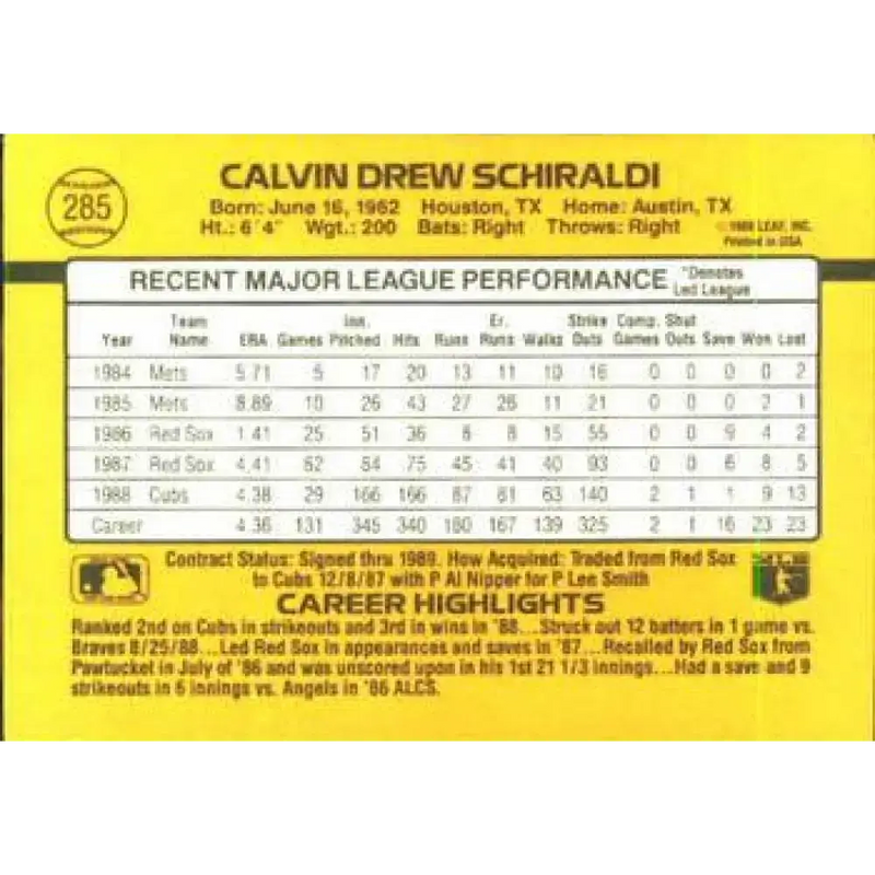 1989 Donruss #285 Calvin Schiraldi NM-MT Chicago Cubs Baseball Card - Baseball Card Single