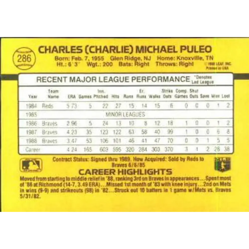 1989 Donruss #286 Charlie Puleo UER NM-MT Atlanta Braves Baseball Card - Baseball Card Single