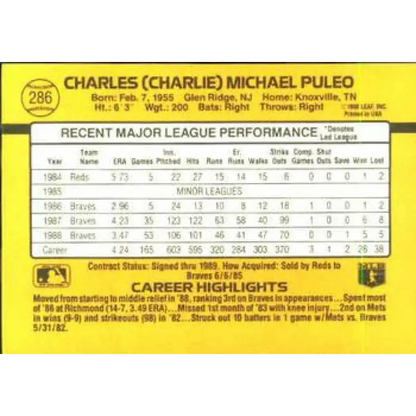 1989 Donruss #286 Charlie Puleo UER NM-MT Atlanta Braves Baseball Card