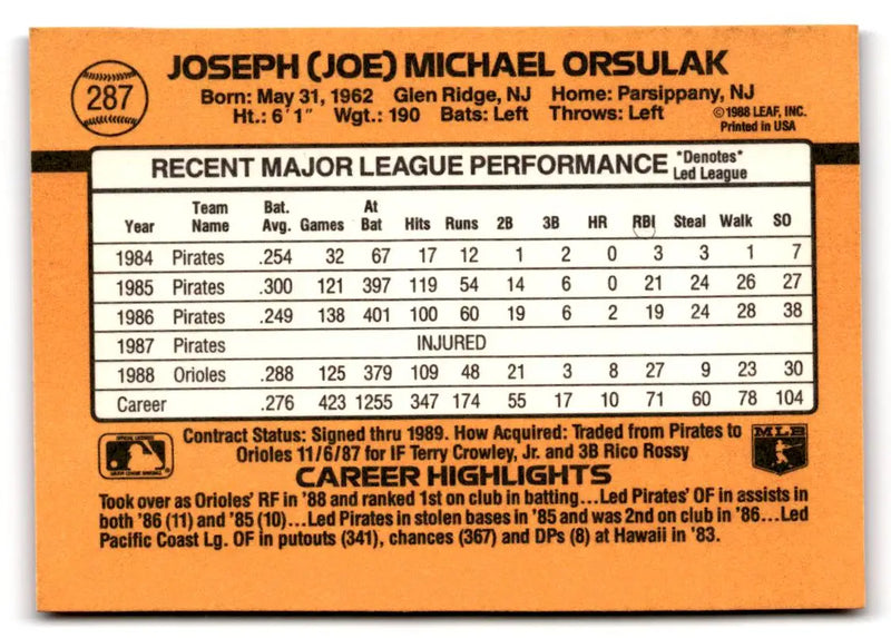 1989 Donruss #287a Joe Orsulak - Baseball Card Single