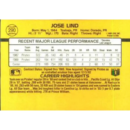 1989 Donruss #290 Jose Lind NM-MT Pittsburgh Pirates Baseball Card