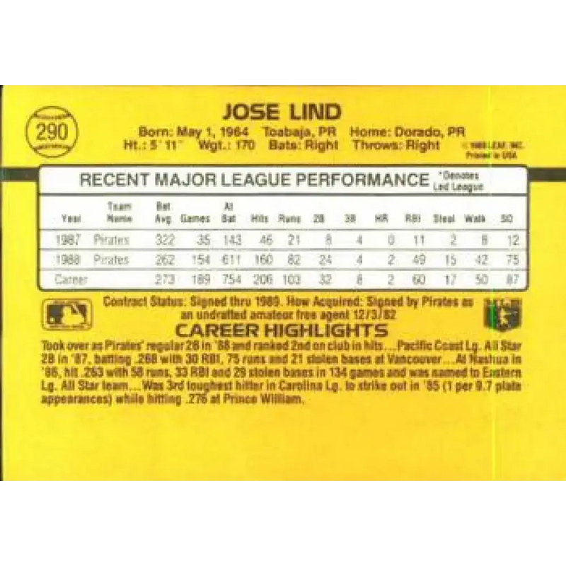 1989 Donruss #290 Jose Lind NM-MT Pittsburgh Pirates Baseball Card - Baseball Card Single
