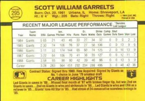 1989 Donruss #295 Scott Garrelts NM Near Mint Giants UER - Baseball Card Single