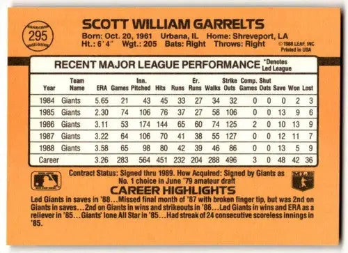 1989 Donruss #295 Scott Garrelts NM Near Mint Giants UER ID:39034 - Baseball Card Single