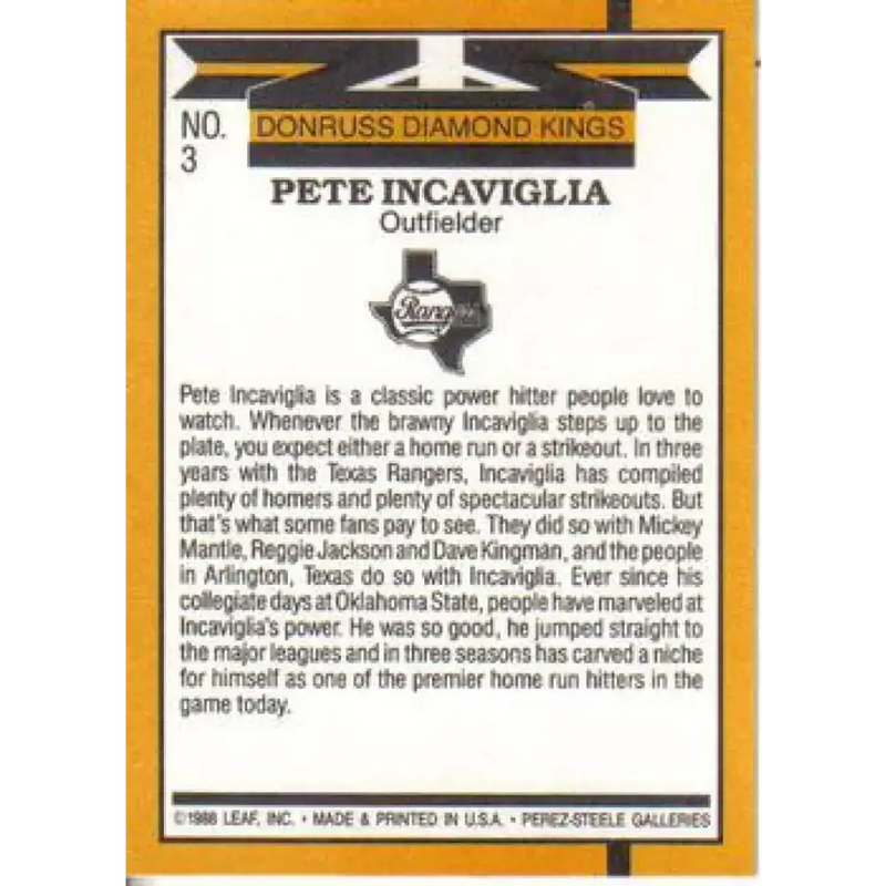1989 Donruss #3 Pete Incaviglia DK NM-MT Texas Rangers Baseball Card - Baseball Card Single